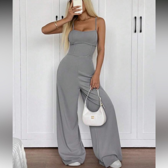 Pants - Gray Jumpsuit sporty style stitch casual one piece wide leg